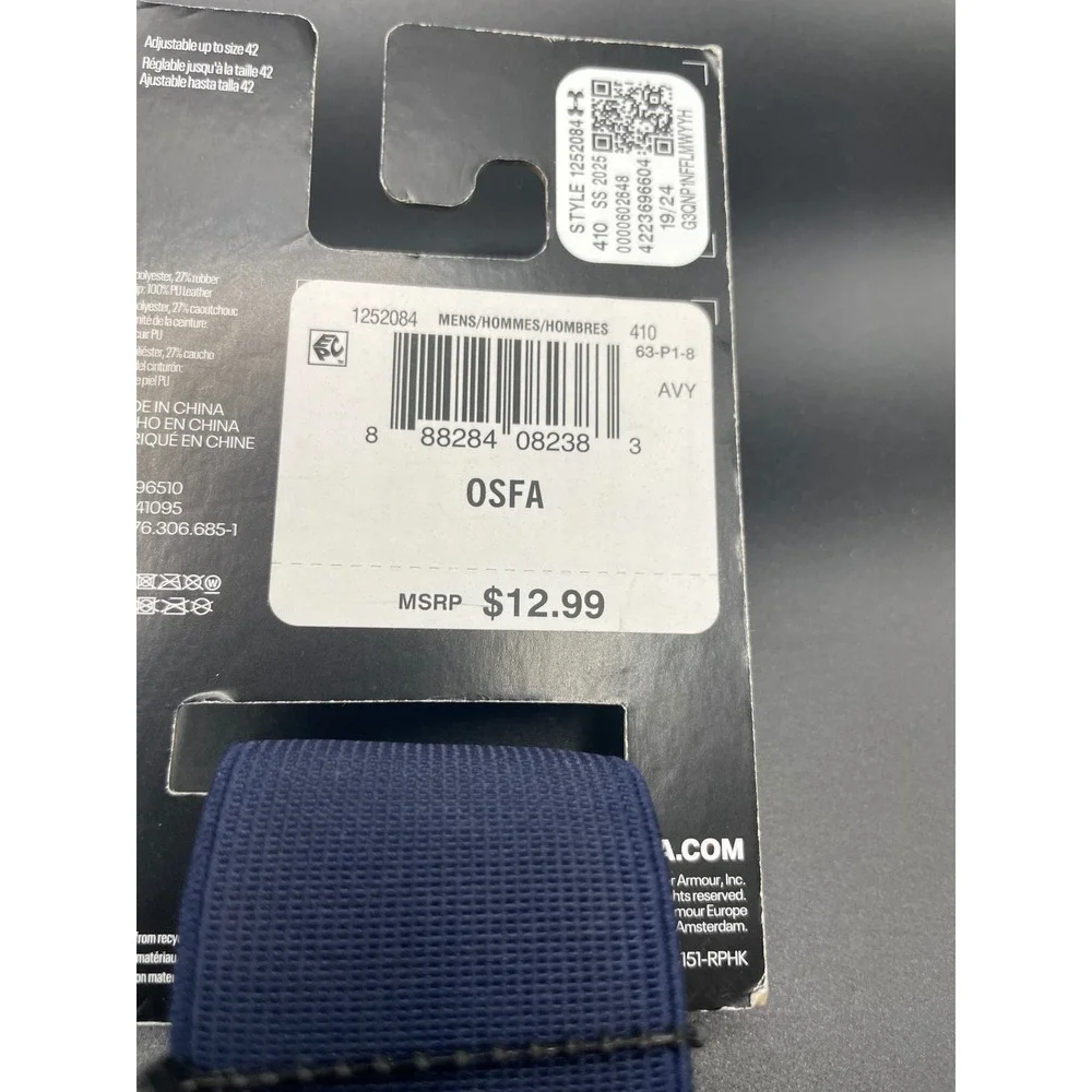 Under Armour Baseball Belt Midnight Navy Blue Adjustable OSFA 1252084-410 NWT